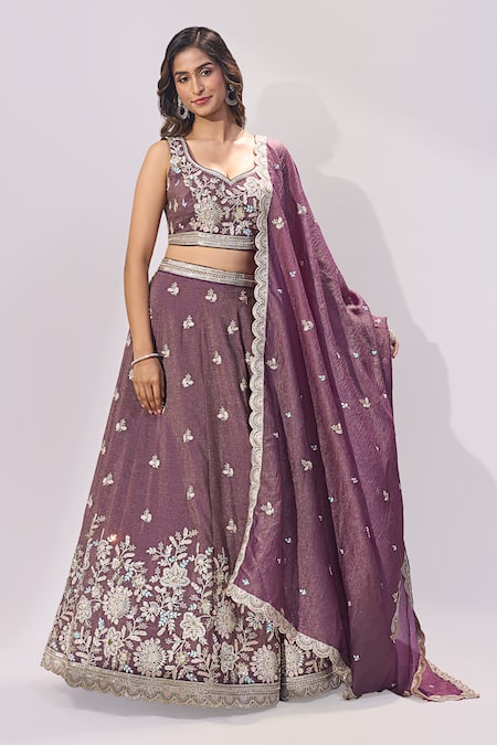 Samyukta Singhania_Purple Tissue Embroidery, Sequins, Zari, Stones Sweetheart Neck Lehenga Set _at_Aza_Fashions