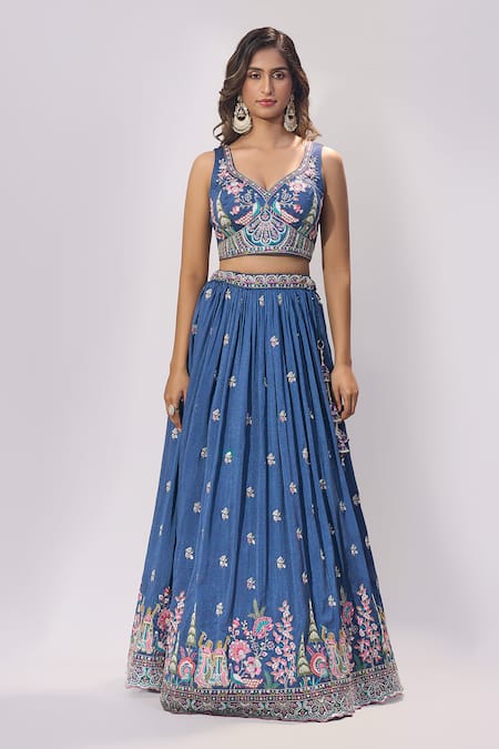 Samyukta Singhania Blue Silk Embroidery, Sequins, Mirrors V-neck Lehenga Blouse Set Online at Aza Fashions Samyukta Singhania_Blue Silk Embroidery, Sequins, Mirrors V-neck Lehenga Blouse Set _Online_at_Aza_Fashions