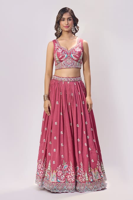 Samyukta Singhania_Rose Gold Silk Embroidery, Sequins, Beads, Tassels V-neck Lehenga Set _Online_at_Aza_Fashions