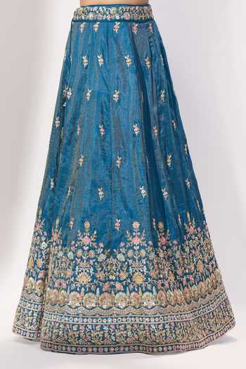 Samyukta Singhania_Teal Silk Embroidery, Sequins, Zari V-neck Lehenga Set _Online_at_Aza_Fashions