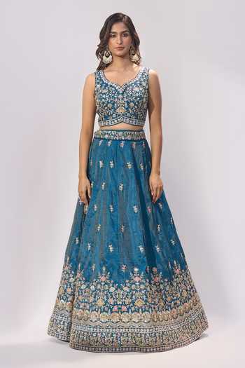 Buy_Samyukta Singhania_Teal Silk Embroidery, Sequins, Zari V-neck Lehenga Set _Online_at_Aza_Fashions