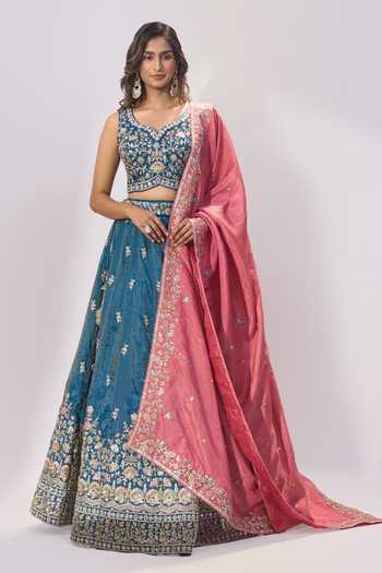 Shop_Samyukta Singhania_Teal Silk Embroidery, Sequins, Zari V-neck Lehenga Set _Online_at_Aza_Fashions