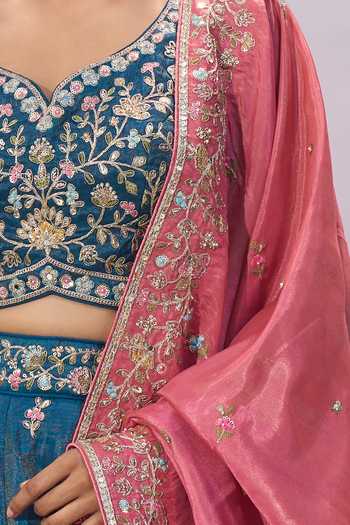 Samyukta Singhania_Teal Silk Embroidery, Sequins, Zari V-neck Lehenga Set _at_Aza_Fashions