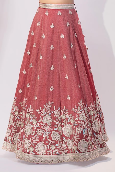 Samyukta Singhania_Rose Gold Tissue Embroidery, Sequins, Stones Sweetheart Neck Floral Lehenga Set _Online_at_Aza_Fashions