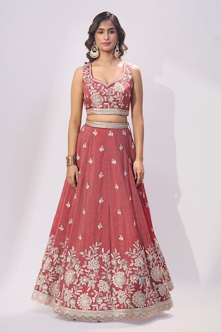 Buy_Samyukta Singhania_Rose Gold Tissue Embroidery, Sequins, Stones Sweetheart Neck Floral Lehenga Set _Online_at_Aza_Fashions