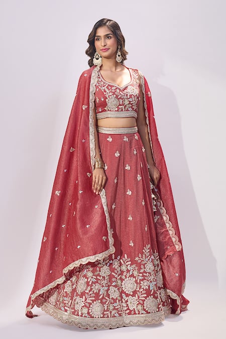 Shop_Samyukta Singhania_Rose Gold Tissue Embroidery, Sequins, Stones Sweetheart Neck Floral Lehenga Set _Online_at_Aza_Fashions