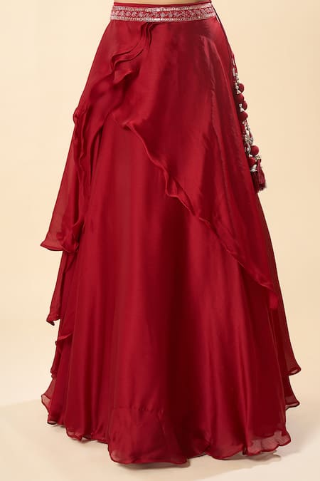 Samyukta Singhania_Maroon Georgette Embroidery, Sequins V-neck Hand Blouse Lehenga Set _Online_at_Aza_Fashions