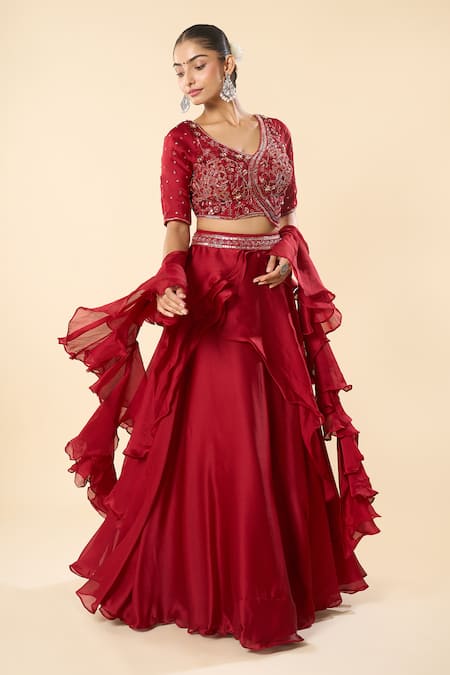 Shop_Samyukta Singhania_Maroon Georgette Embroidery, Sequins V-neck Hand Blouse Lehenga Set _Online_at_Aza_Fashions