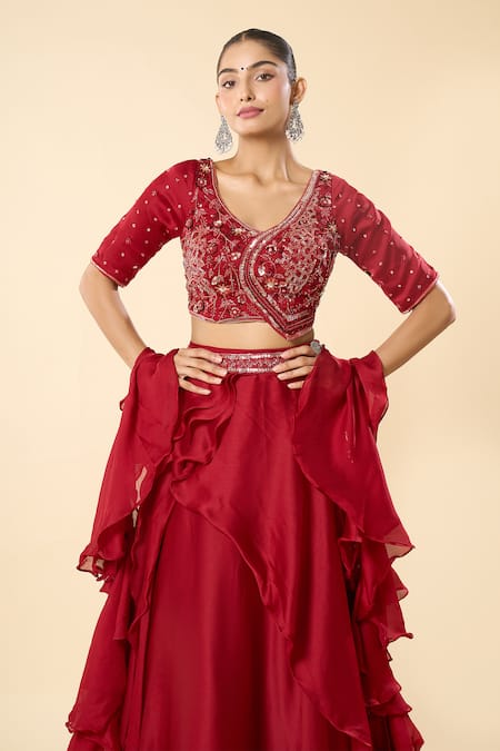 Samyukta Singhania_Maroon Georgette Embroidery, Sequins V-neck Hand Blouse Lehenga Set _at_Aza_Fashions