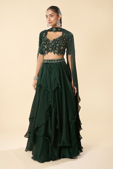 Buy_Samyukta Singhania_Black Georgette Embroidery, Sequins, Stones Hand Blouse Ruffled Lehenga Set _Online_at_Aza_Fashions