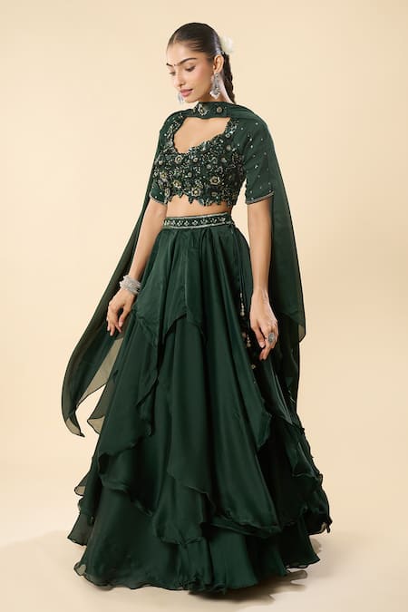Shop_Samyukta Singhania_Black Georgette Embroidery, Sequins, Stones Hand Blouse Ruffled Lehenga Set _Online_at_Aza_Fashions