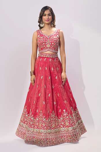 Buy_Samyukta Singhania_Pink Silk Embroidery, Sequins, Zari, Stones V-neck, Square Butti Lehenga Set _Online_at_Aza_Fashions