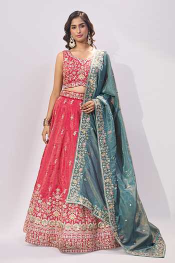 Shop_Samyukta Singhania_Pink Silk Embroidery, Sequins, Zari, Stones V-neck, Square Butti Lehenga Set _Online_at_Aza_Fashions