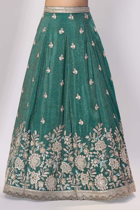 Samyukta Singhania_Green Tissue Embroidery, Sequins, Zari, Stones Sweetheart Neck Lehenga Set _Online_at_Aza_Fashions