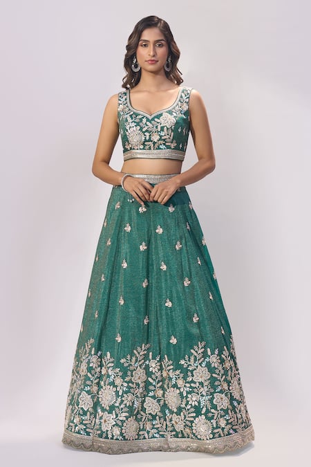 Buy_Samyukta Singhania_Green Tissue Embroidery, Sequins, Zari, Stones Sweetheart Neck Lehenga Set _Online_at_Aza_Fashions