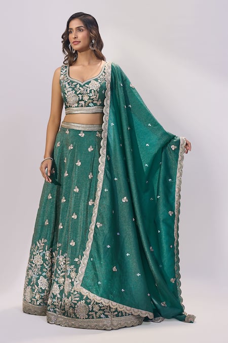 Shop_Samyukta Singhania_Green Tissue Embroidery, Sequins, Zari, Stones Sweetheart Neck Lehenga Set _Online_at_Aza_Fashions