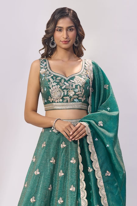 Samyukta Singhania_Green Tissue Embroidery, Sequins, Zari, Stones Sweetheart Neck Lehenga Set _at_Aza_Fashions
