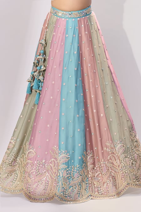 Samyukta Singhania_Pink Georgette Sequins, Stones, Embroidery, Zari V-neck, Paneled Lehenga Set _Online_at_Aza_Fashions