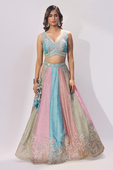 Buy_Samyukta Singhania_Pink Georgette Sequins, Stones, Embroidery, Zari V-neck, Paneled Lehenga Set _Online_at_Aza_Fashions