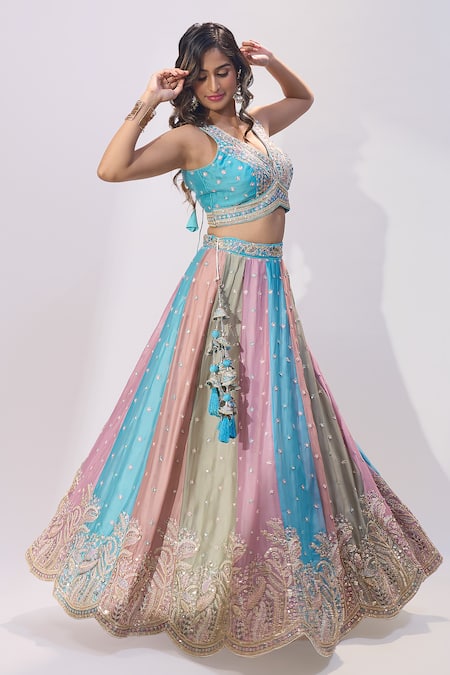 Shop_Samyukta Singhania_Pink Georgette Sequins, Stones, Embroidery, Zari V-neck, Paneled Lehenga Set _Online_at_Aza_Fashions