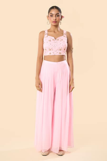 Samyukta Singhania_Pink Georgette Sequins, Beads Sweetheart Hand Embroidered Blouse Palazzo Set _Online_at_Aza_Fashions
