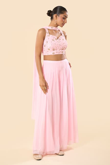 Shop_Samyukta Singhania_Pink Georgette Sequins, Beads Sweetheart Hand Embroidered Blouse Palazzo Set _Online_at_Aza_Fashions