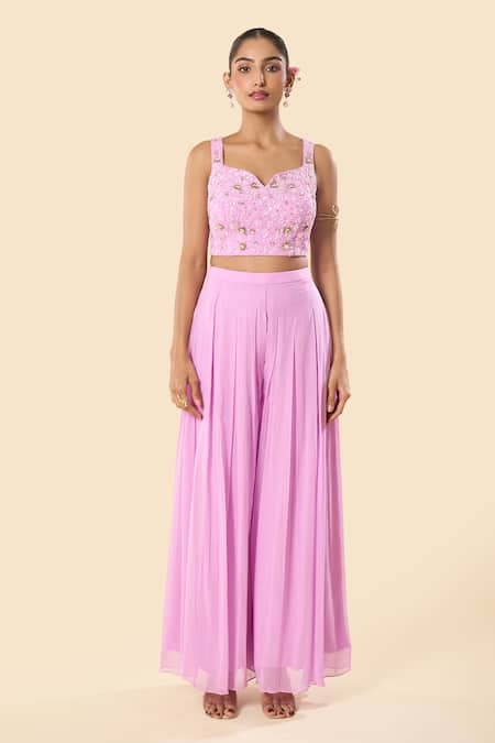 Samyukta Singhania_Pink Georgette Embroidery, Beads Sweetheart Neck Hand Blouse Palazzo Set _Online_at_Aza_Fashions