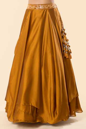 Samyukta Singhania_Gold Silk, Georgette, Taffeta Embroidery, Beads, Hand Blouse Lehenga Set _Online_at_Aza_Fashions