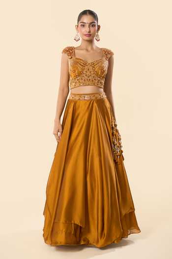 Buy_Samyukta Singhania_Gold Silk, Georgette, Taffeta Embroidery, Beads, Hand Blouse Lehenga Set _Online_at_Aza_Fashions