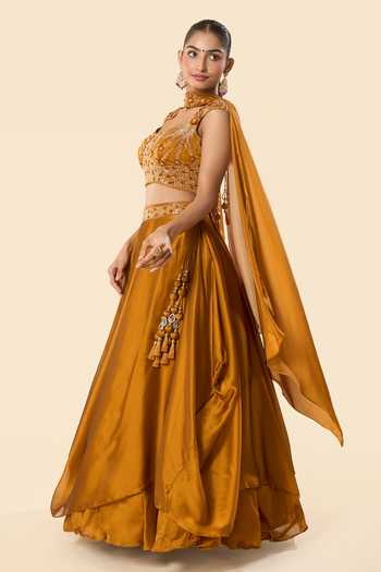 Shop_Samyukta Singhania_Gold Silk, Georgette, Taffeta Embroidery, Beads, Hand Blouse Lehenga Set _Online_at_Aza_Fashions