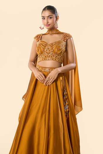 Samyukta Singhania_Gold Silk, Georgette, Taffeta Embroidery, Beads, Hand Blouse Lehenga Set _at_Aza_Fashions