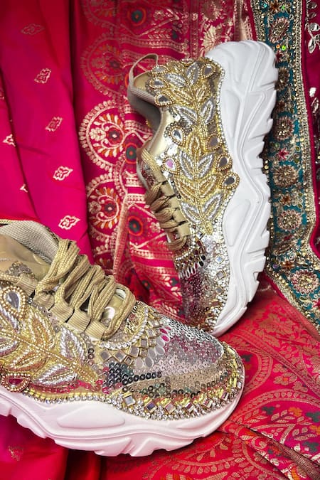Shop_Chal Jooti_Gold Swarn Mahal Floral Patchwork Sneakers 