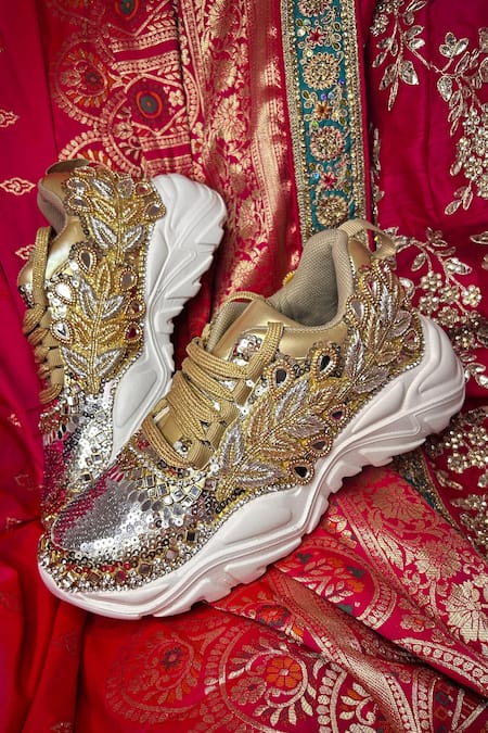 Shop_Chal Jooti_Gold Swarn Mahal Floral Patchwork Sneakers _Online_at_Aza_Fashions