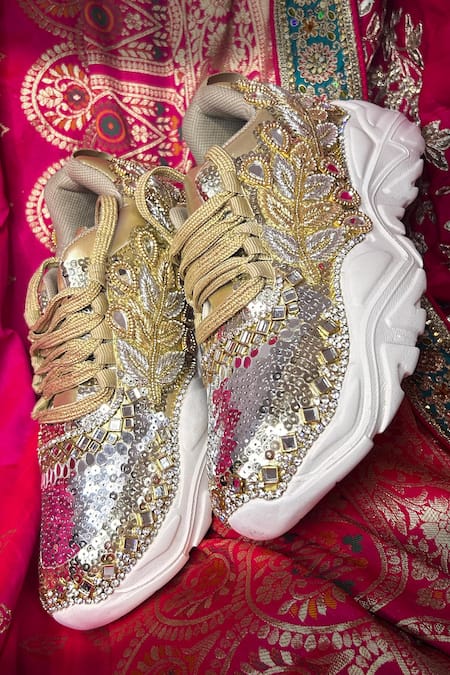 Chal Jooti_Gold Swarn Mahal Floral Patchwork Sneakers _at_Aza_Fashions