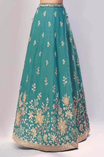 Samyukta Singhania_Green Georgette, Organza Embroidery, Tassels, Zari Floral Lehenga Blouse Set _Online_at_Aza_Fashions