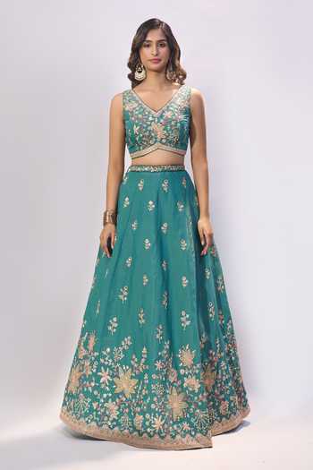 Buy_Samyukta Singhania_Green Georgette, Organza Embroidery, Tassels, Zari Floral Lehenga Blouse Set _Online_at_Aza_Fashions