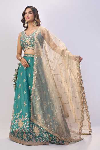 Shop_Samyukta Singhania_Green Georgette, Organza Embroidery, Tassels, Zari Floral Lehenga Blouse Set _Online_at_Aza_Fashions