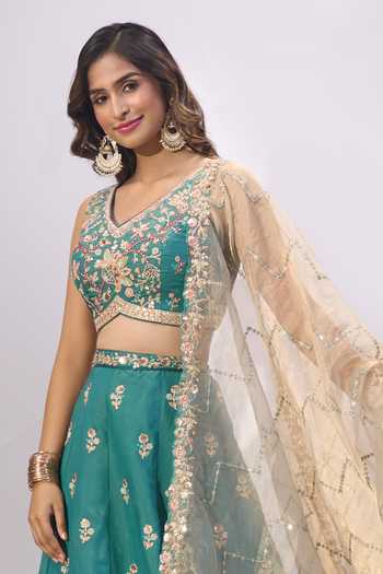 Samyukta Singhania_Green Georgette, Organza Embroidery, Tassels, Zari Floral Lehenga Blouse Set _at_Aza_Fashions