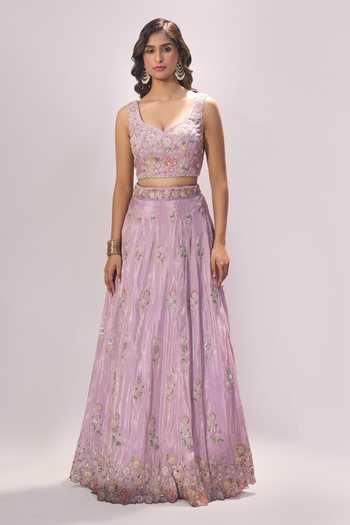 Samyukta Singhania_Lavender Satin, Silk Embroidery, Sequins, Stones Sweetheart Lehenga Blouse Set _Online_at_Aza_Fashions