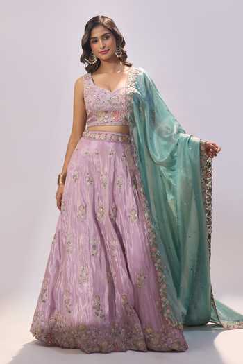 Buy_Samyukta Singhania_Lavender Satin, Silk Embroidery, Sequins, Stones Sweetheart Lehenga Blouse Set _Online_at_Aza_Fashions