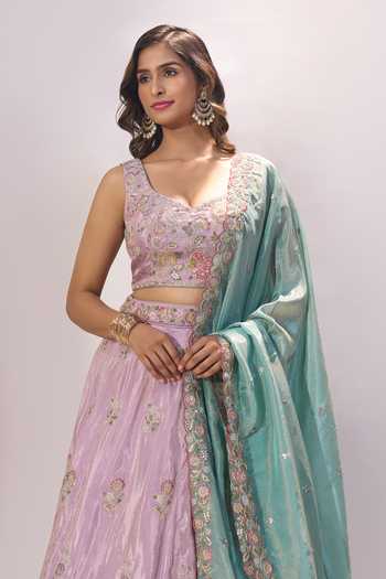 Shop_Samyukta Singhania_Lavender Satin, Silk Embroidery, Sequins, Stones Sweetheart Lehenga Blouse Set _Online_at_Aza_Fashions
