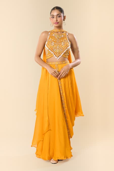 Samyukta Singhania Hand Embroidered Halter Blouse With Lehenga Saree 