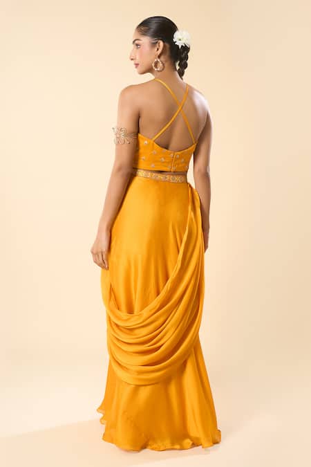 Samyukta Singhania Hand Embroidered Halter Blouse With Lehenga Saree 