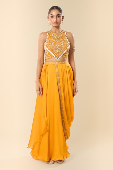 Buy Samyukta Singhania Yellow Georgette Embroidery, Beads Halter Neck Hand Blouse With Lehenga Saree Online at Aza Fashions Buy_Samyukta Singhania_Yellow Georgette Embroidery, Beads Halter Neck Hand Blouse With Lehenga Saree _Online_at_Aza_Fashions