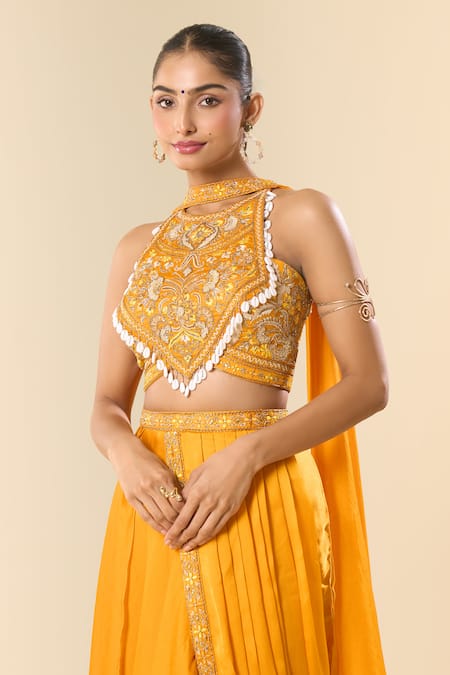 Samyukta Singhania Yellow Georgette Embroidery, Beads Halter Neck Hand Blouse With Lehenga Saree at Aza Fashions Samyukta Singhania_Yellow Georgette Embroidery, Beads Halter Neck Hand Blouse With Lehenga Saree _at_Aza_Fashions