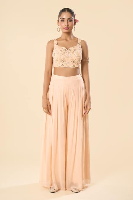 Buy Samyukta Singhania Peach Silk, Georgette, Taffeta Embroidery, Sequins Hand Blouse Palazzo Set Online at Aza Fashions Buy_Samyukta Singhania_Peach Silk, Georgette, Taffeta Embroidery, Sequins Hand Blouse Palazzo Set _Online_at_Aza_Fashions