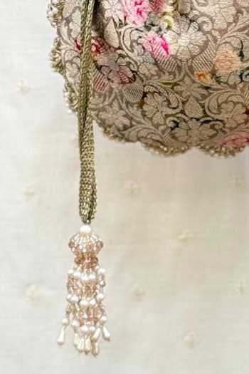 AMYRA Pink Beads, Pearls, Crystals, Elora Brocade Pure Banarasi Silk Drawstring Potli at Aza Fashions AMYRA_Pink Beads, Pearls, Crystals, Elora Brocade Pure Banarasi Silk Drawstring Potli _at_Aza_Fashions