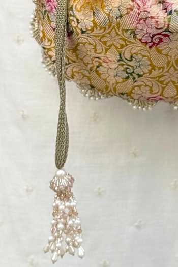 Amyra Pink Pearls, Crystals, Tassels, Elora Brocade Potli Bag Pure Banarasi Silk With Online at Aza Fashions Amyra_Pink Pearls, Crystals, Tassels, Elora Brocade Potli Bag Pure Banarasi Silk With _Online_at_Aza_Fashions