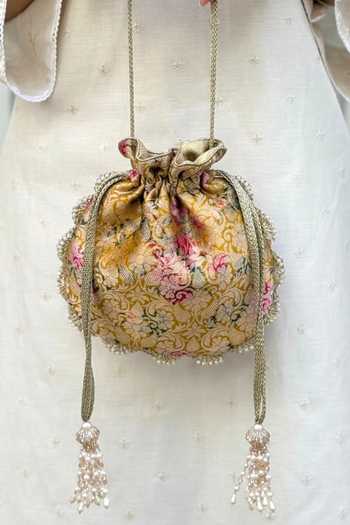 Amyra Elora Brocade Potli Bag Pure Banarasi Silk With Pearl Tassels