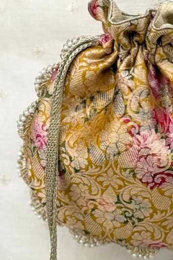 Amyra Pink Pearls, Crystals, Tassels, Elora Brocade Potli Bag Pure Banarasi Silk With at Aza Fashions Amyra_Pink Pearls, Crystals, Tassels, Elora Brocade Potli Bag Pure Banarasi Silk With _at_Aza_Fashions